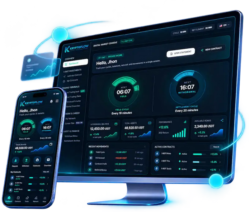 Conceito de plataforma digital e painel de portfólio KryptoFlow